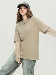 JUTU Khaki Romantic Loose Round Neck Lace Patchwork Sleeve 2 In 1 Solid Color Spring Women Long Sleeve T-Shirt Summer Casual - 2A11 Khaki - View 3