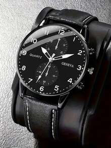 三件套奢华商务男士腕表套装，包括一枚黑色表盘多功能石英腕表（配黑色皮表带）、一个黑色压纹皮夹和一个金属钢笔。整体风格沉稳优雅，散发着成熟稳重的气质。 - 黑色 - 查看 4