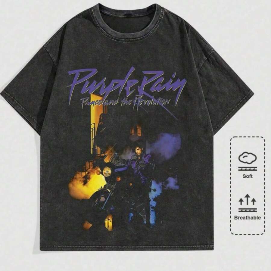 1 Piece Men's Black Purple Rain Prince Graphic Tee, Vintage Streetwear Retro Washed Printed Short Sleeve 230g Cotton T-Shirt, Summer Casual, Unisex - 款式3 - 查看 1