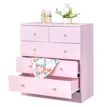 Macaron Pink 5 Drawer Dresser For Bedroom, Modern Wood Dresser Chest Of Drawers, Pink Bedroom Dressers Nightstand For Girls, Anti-Tipping Device, Rose Gold Metal Handle, Living Room, Hallway, Office - 粉色 - 查看 4