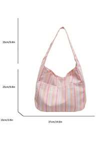 Large Capacity Women Cloth Tote Bag, Shoulder Bag, Casual Stripe Fabric Handbag - 粉色 - 查看 4