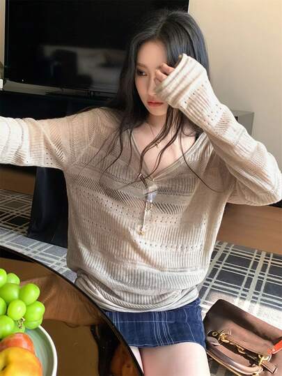 2026 Summer Beige Sheer Knit Top - Elegant Solid Color Sexy Sweet Casual Street Y2K Style Long Sleeve Round Neck Hollow Out Loose Knit Top And Blouse | Suitable For Young Ladies, Ladies, Sweet Girls And Y2K Girls, Perfect For Valentine's Day/Women's Day/Mother's Day/Casual Gathering/Beach Vacation/Party/Back To School/Wedding Season/Music Festival/2026 Cute Sheer Knit Top