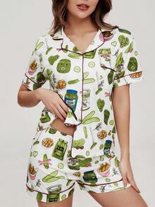 2pcs Women Vegetarian Print Short Sleeve Shorts Pajama Set, Comfortable Polo Collar Pink Patchwork Knit Top With Front Button Pockets, Elastic Waist Pants, Suitable For All Seasons Casual Loungewear - 白色 - 查看 4