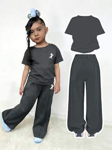 Young Girl Cartoon Print Round Neck Short Sleeve Top And Pants Set - Dark Grey - View 2