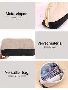 1 Stück anpassbare Tragetasche mit Farbblöcken in Nude und Schwarz. Große Kapazität mit weiter Öffnung, glatter Reißverschluss für einfache Aufbewahrung. Aus Velours gefertigt, praktisch, vielseitig, fleckresistent und wiederverwendbar. - Verschiedenfarbig - Übersicht 3