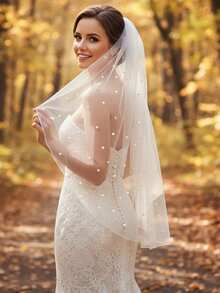 1pc Pearl Bridal Veil, Classic Minimalist Wedding Dress Accessory, Waist Length - Multicolor - View 6