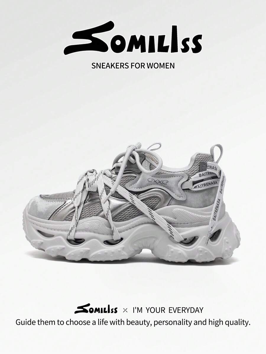 somiliss 女士6厘米厚底软底运动鞋，双系带，舒适轻便休闲运动鞋，时尚百搭，适合日常通勤和四季穿着，2026新款灰色