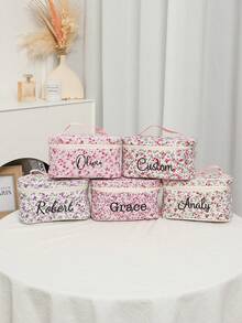 Custom Flower Makeup Bag, Personalized Bridesmaid Makeup Bag, Seersucker Cosmetic Bag For Girl, Large Capacity Cosmetic Bag, Bridesmaid Bridal Gifts, Makeup Organizer, Monogrammed Toiletry Bag, Embroidered Make Up Bag - Multicolor - View 5