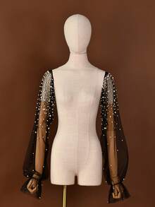 1 Pair Long Pearl Sleeve Sheer Mesh Beaded Detachable Bridal Arm Sleeves, Elegant For Party, Wedding, Banquet - 黑色白珍珠 - 查看 2