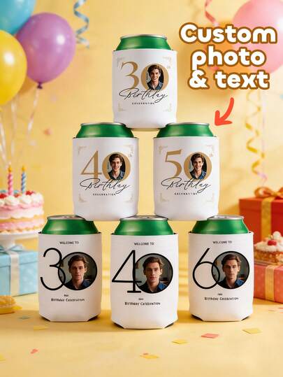 1pc Custom Photo & Text Birthday Cup Sleeve(30th/40th/50th/60th Age Options) – Personalized Face & Age Design Insulated Cup Sleeve,Birthday Party/Bachelor Party Supplies,Party Gifts, Birthday Decorations,Insulated Sleeve For Canned Beverages