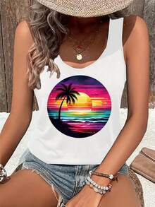 Women'S Tropical Beach Print Tank Top - Vibrant Sunset & Palm Tree Design, Casual Sleeveless Tank For Spring & Summer, Lightweight Polyester Fabric, Perfect For Casual Attire - White - View 3