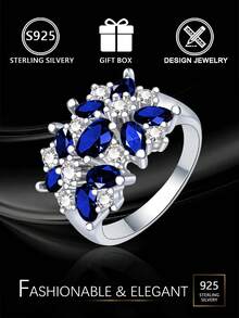 1pc S925 Sterling Silver Blue Zirconia Cluster Ring, Oval Main Stone Sparkling Band, Luxury Silver Ring For Party/Evening, Gift Box Included - Silver - View 1