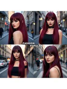 24英寸长直发酒红色合成假发，带刘海，适合日常派对佩戴，耐热纤维材质，高密度，适合上学、万圣节、感恩节、圣诞节、音乐节、狂欢节、新年等场合，可作为礼物赠送。 - 酒紅色 - 查看 6