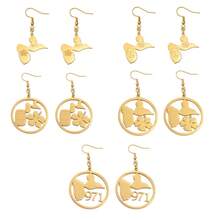 一对瓜德罗普岛地图图案，饰以木槿花鼓形纹样，971区号，不锈钢材质，法国珠宝，女士款 - 彩色 - 查看 1