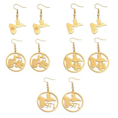 1 paire de boucles d'oreilles à tige avec carte de la Guadeloupe, tambour et fleurs d'hibiscus, code régional 971, en acier inoxydable, bijoux de France pour femmes
