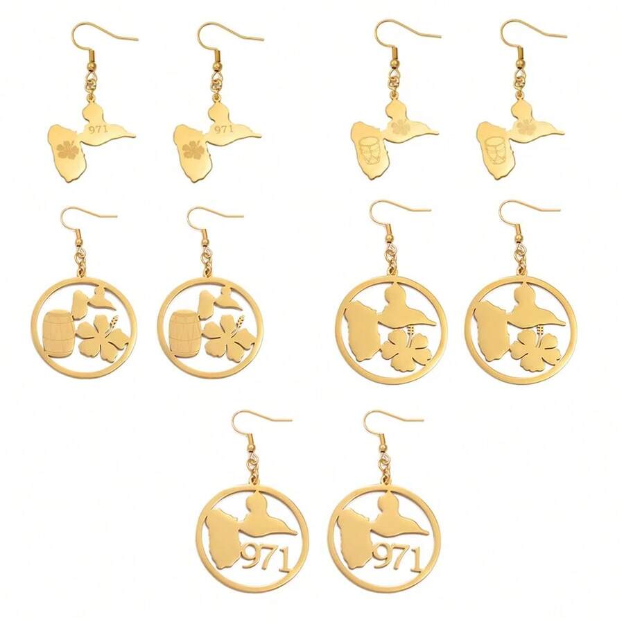 一对瓜德罗普岛地图图案，饰以木槿花鼓形纹样，971区号，不锈钢材质，法国珠宝，女士款 - 彩色 - 查看 1