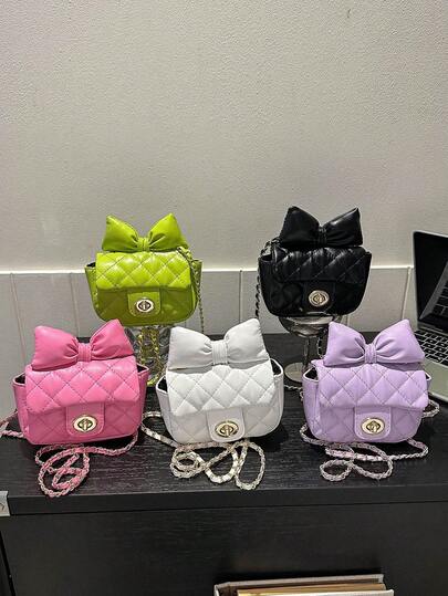 1pc Kids/Teens Quilted Shoulder Bag, Lightweight & Portable With Twist Lock Closure, Fashionable PU Material With Quilted Pattern And Bow Decor, Suitable For Girls, Teenagers, Middle/High School Students, Ideal Gift And Daily Use