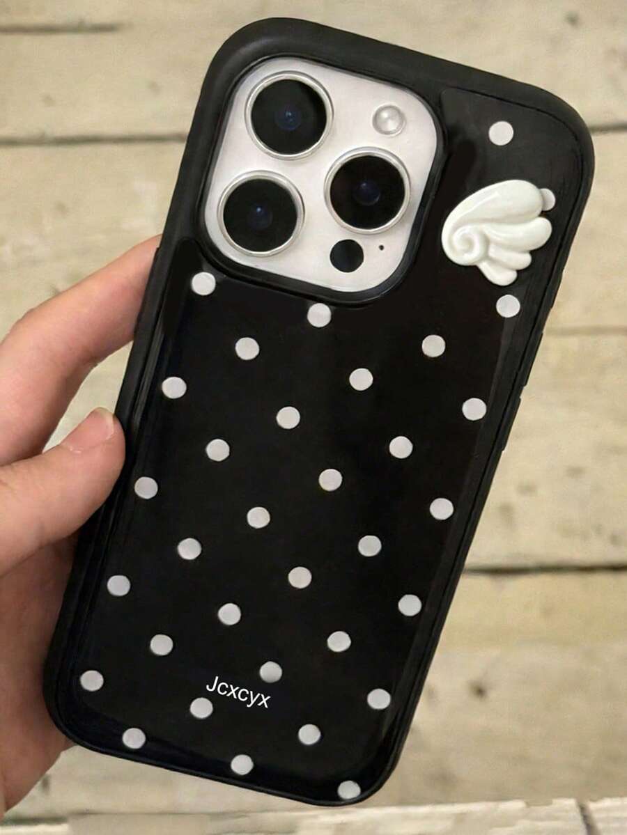 可爱天使翅膀波点软壳手机壳，兼容 17 Pro Max、17 Pro、17、16 Pro Max、16 Pro、16、15 Pro Max、15 Pro、15、14 Pro Max、14、13、12 Pro Max、11，白色简约 Y2K 女孩风格