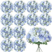 16 Bundles Artificial Peonies Flowers Fake Silk Peony Bouquet Faux Peonies Flowers Bulk For Decoration Vase Florals Arrangements Wedding Party Table (Gradient Blue) - 漸變藍 - 查看 1