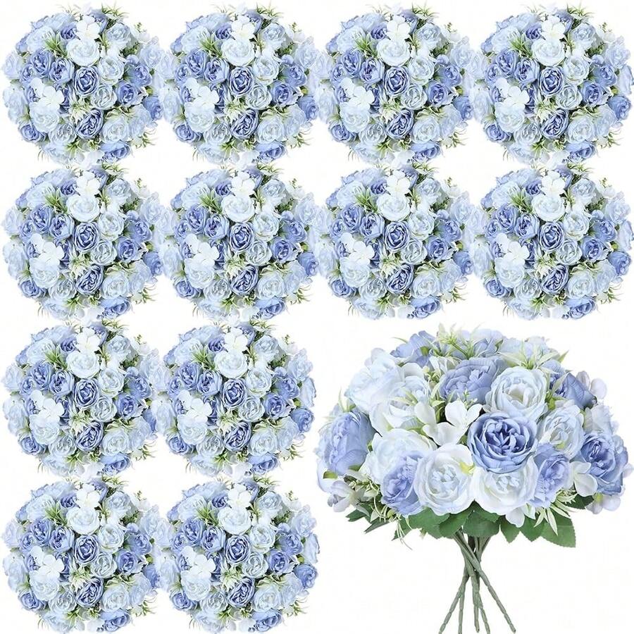 16 Bundles Artificial Peonies Flowers Fake Silk Peony Bouquet Faux Peonies Flowers Bulk For Decoration Vase Florals Arrangements Wedding Party Table (Gradient Blue) - 漸變藍 - 查看 1