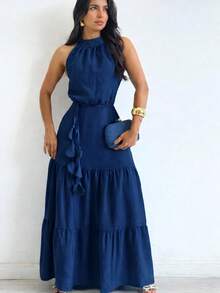 Milla Dress – Elegant Long Dress In Sensual Fabric | Knot Detail, Ruffled Hem, With Belt (Waist Tie) Ideal For Weddings And Special Occasions - 寶藍色 - 查看 1