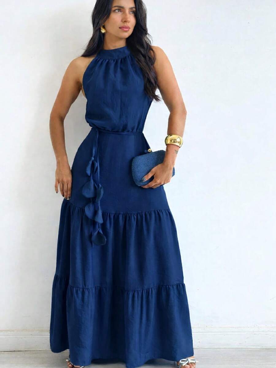 Milla Dress – Elegant Long Dress In Sensual Fabric | Knot Detail, Ruffled Hem, With Belt (Waist Tie) Ideal For Weddings And Special Occasions - 寶藍色 - 查看 1