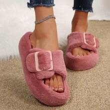 Women's Fluffy Platform Slippers – Cute Fuzzy Slides With Buckle Accent For Home & Casual Wear, Warm & Cozy Shoes - Màu Hoa hồng đỏ - Xem 9