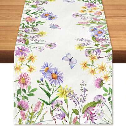 春季花卉桌旗，雏菊薰衣草蝴蝶野花夏季桌布，适合家居厨房农舍餐厅餐桌装饰