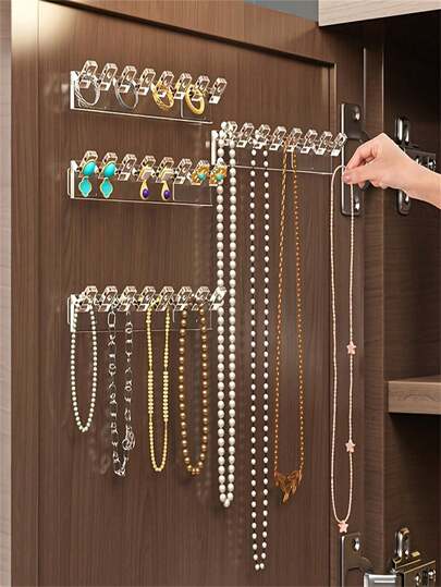 3/6 piezas Estante de almacenamiento de joyas montado en la pared para puertas de gabinete de espejo, perchero de almacenamiento de collares y gancho colgante de pendientes para evitar enredos, estante de exhibición de joyas duradero y ahorra espacio, ideal para dormitorio, tocador, vestidor y tocador, fácil de instalar, solución de organización premium para decoración del hogar amigable con regalos de temporada, mejora la visibilidad y la clasificación de accesorios, mantiene collares, pulseras y pendientes ordenados y evita nudos y enredos, diseño minimalista moderno para complementar interiores elegantes, excelente para regalar durante festivales de primavera y el Día de la Madre, estructura confiable para uso diario, montaje versátil en puerta o pared