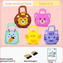 Nähset für Kleinkind Anfänger - 5-teiliges DIY Handtaschen & Ornament Bastelset, Kunststoffnadeln, lehrreiches Geschenk für Jungen & Mädchen 3-8 Jahre - 5-teiliges Set mit Tierhandtaschen - Übersicht 11
