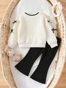 2 件套女婴休闲时尚可爱蝴蝶结装饰长袖条纹拼接上衣和喇叭裤套装，女婴服装，秋冬 - 彩色 - 查看 4