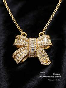 1pc Elegant Sparkling Cubic Zirconia Bow Tie Necklace, Suitable For Women's Party Wear And Gift - bow tie - View 9