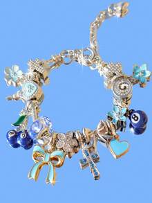 1pc Blue Lucky 8 Ball Charm Bracelet, 1pc Cute Cherry 8 Ball Bracelet, 1pc Adorable Bow & Heart Bracelet, 1pc Cherry Blossom Heart Bracelet - Silver - View 13