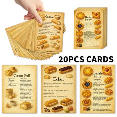 20pcs Vintage Recipes Cards, Retro French Pastry Cookbook Cards - With Macaron, Croissant, Beignet & More Guides, Pastry Illustration Recipe Cards, Kitchen Decor, Gift For Bakers