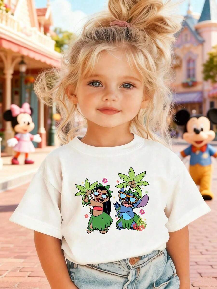 Disney Girls' T-Shirt, Featuring A Creative Stitch And Lilo Hula Dancing Cartoon Print. Summer Cotton Crew Neck Short-Sleeve Tee For Girls, Perfect For Everyday Wear, Vacations, Outdoor Activities, And As A Gift For Children. - 白色 - 查看 1