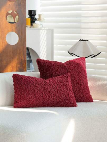 Burgundy Faux Fur Pillow Cover - 30x50/45x45 Inch Soft Fluffy Curly Cushion Case For Living Room Bedroom Sofa, Cozy Decorative Throw Pillow Without Insert, Gift For Home