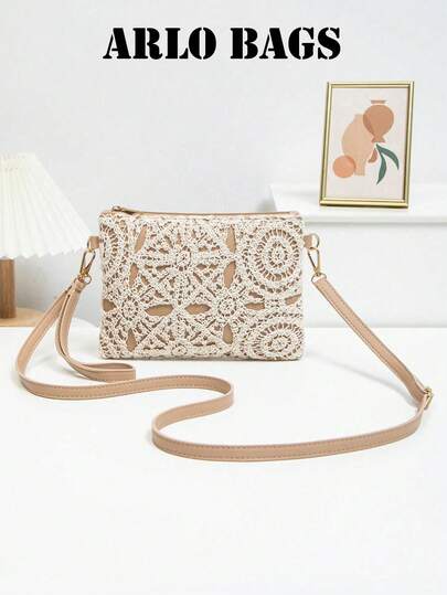 韩式复古新款花卉单肩草编包，休闲钩编包，时尚镂空卡其色编织包，高档单肩小方包，配有光滑金属拉链，顶部可调节肩带，可作为单肩包、斜挎包或手提包多种背法。