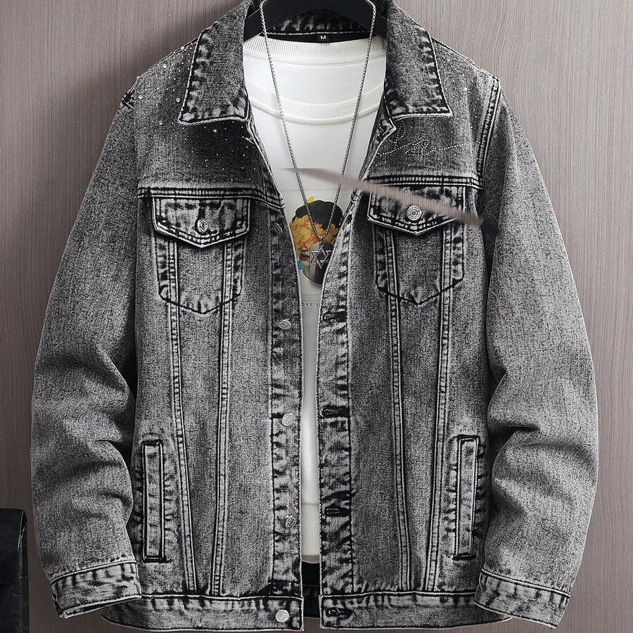 2026 New Spring/Autumn Men's Rhinestone Embellished Denim Jacket, Casual Turndown Collar Long Sleeve Streetwear Top - Dark Grey - View 1