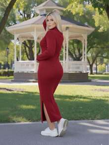 Mouse Long Dress With Pocket High Neck Fashion Knitting Tricot 2024 - Màu Đỏ Sâu - Xem 2