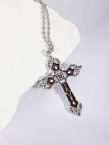 Y2K复古哥特朋克摇滚风红心宝石玫瑰十字心红宝石蜘蛛剑吊坠项链不锈钢链个性化嘻哈项链套装可叠戴，男女皆宜 - 銀色 - 查看 16