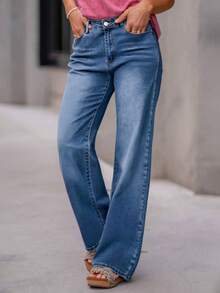 Women's Casual Simple Straight Leg Jeans, Elastic Denim Fabric, 54% Cotton, Suitable For Spring Vacation, Street Fashion, Spring & Summer Outfits, New Year, Valentine's Day Matching - Blue - View 8