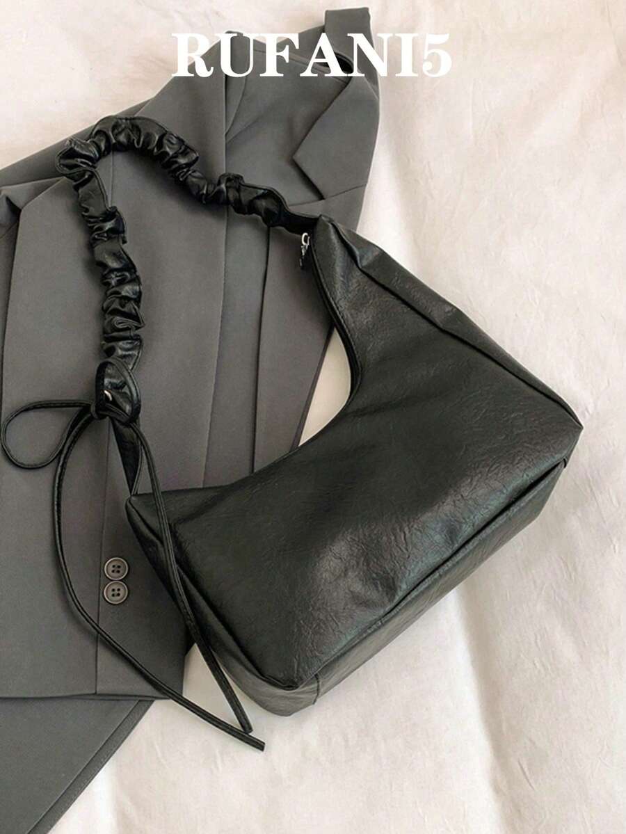 1pc Retro Solid Color Elegant Draped Asymmetric Shoulder Bag, Suitable For Women Daily Use & Gift - Black - View 1