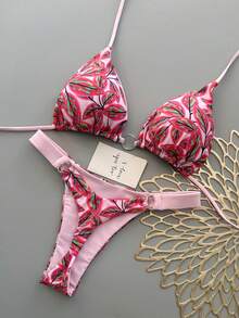 Vacation Beach Floral Print Bikini Set Pink Summer - Pink - View 1