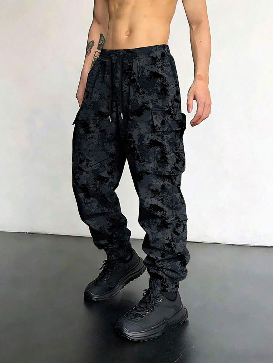 1 件男士多口袋迷彩工装裤，休闲宽松轻便长裤，适合夏季海滩、度假、日常通勤、锻炼、户外、健身、慢跑、日常穿着，锥形踝长，秋季 - 霧霾藍 - 查看 1