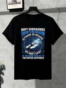 Maglietta Con Stampa Grafica Navy Submarine, Primavera, Cotone Morbido, Girocollo, Vestibilità Comoda, Street Hip-Hop - 黑色 - 查看 2