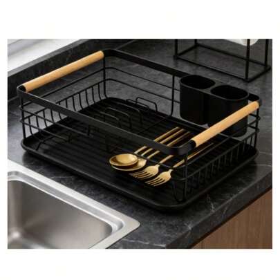 Nowość: Suszarka do naczyń na blat, solidna metalowa rama z antypoślizgowymi drewnianymi uchwytami i ociekaczem, 2 kolory do organizacji kuchni