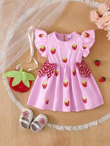 2pcs/Set Baby Girls' Cute Pink Strawberry All-Over Print Ruffle Sleeve Dress & Crossbody Bag, Summer - Multicolor - View 1
