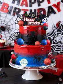 适合 1-9 岁儿童的蜘蛛生日蛋糕装饰，蜘蛛网主题生日快乐蛋糕装饰，生日派对浴室装饰用品 - 彩色 - 查看 12