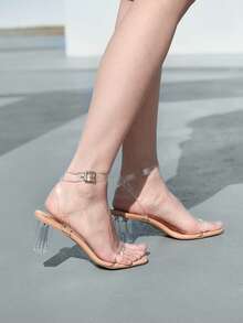 CHICVUE Women's Apricot High Heel Sandals, Summer Ladies High Heels, New Fashionable Net Celebrity Versatile Thick Heel Single Strap Transparent Crystal Thick Heel Sandals, Stylish Outer Wear - Clear - View 5