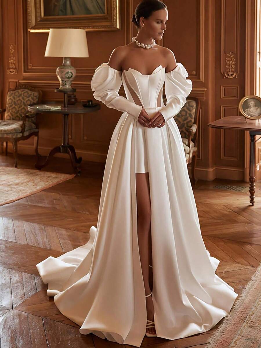 Elegant Sexy Off Shoulder High Slit Corset A Line Satin Formal Bridal Dress Registration Wedding Dress For Bride,Bridal Fashion,Evening Party Dress Bridal Gowns,Romantic Church Ceremony Wedding Dress,Suitable For Wedding,Party,Singles' Party,Vacation,Bride,Formal Occasions,Dinner Dress,Prom Dress,Homecoming Dress,Cocktail Party - 白色 - 查看 1